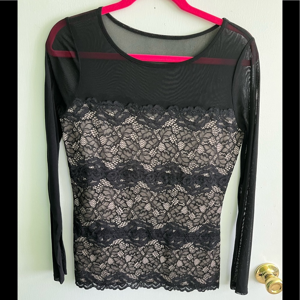 INC black top sheer with lace over nude lining